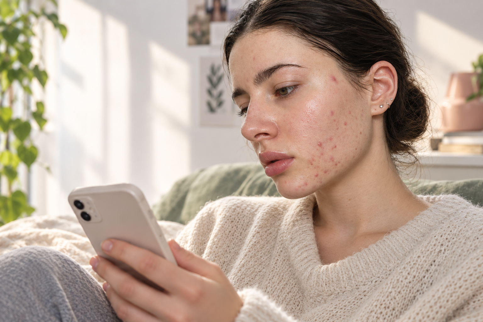 Frau schaut entspannt auf ihr Smartphone – Akne nach dem Pille absetzen