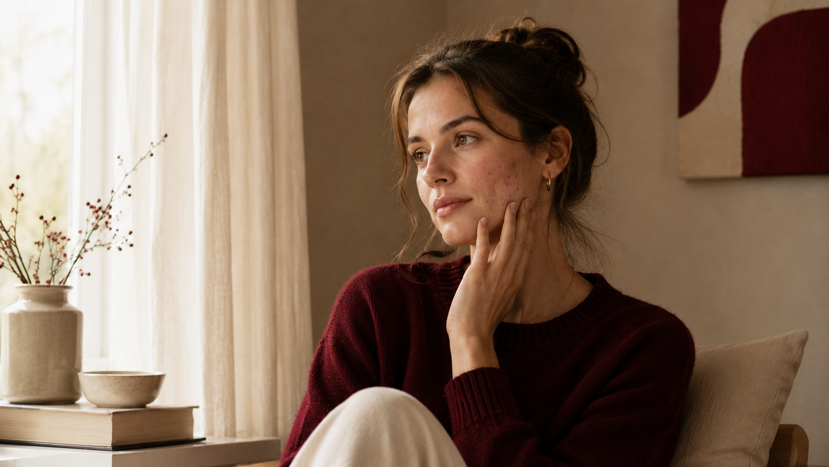 Frau berührt nachdenklich ihr Kinn – hormonelle Akne