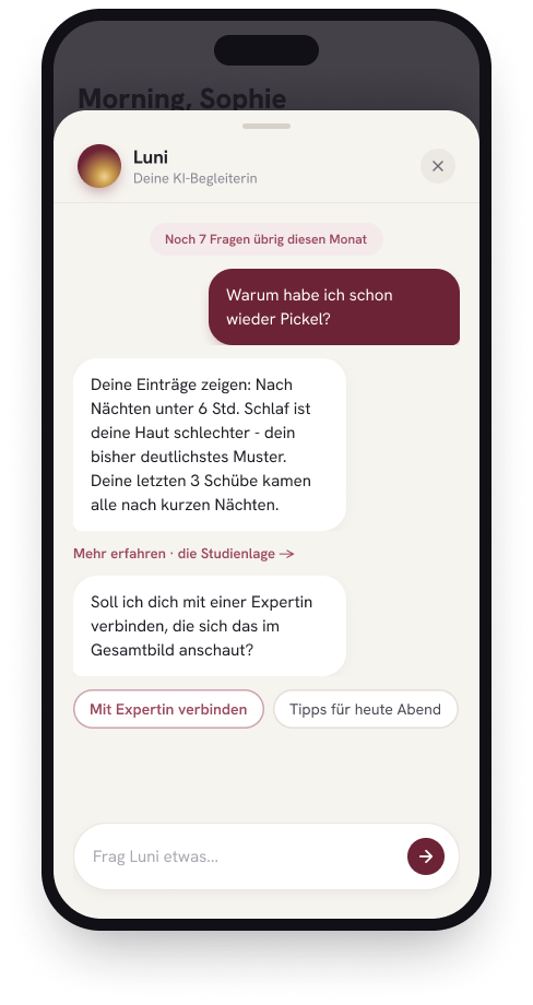Lunara KI-Chat — Luni beantwortet Fragen zu hormoneller Akne auf Basis persönlicher Daten