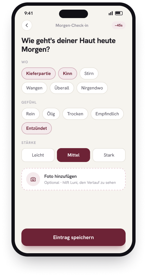 Lunara Haut-Tracking — tägliches Check-in für hormonelle Akne, Zyklusphase und Symptome