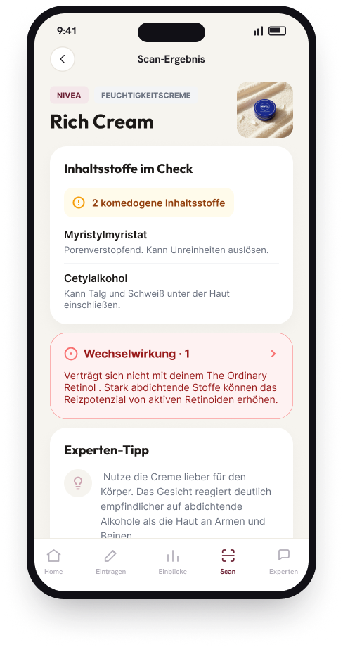 Lunara Produkt-Scanner — Skincare auf comedogene Inhaltsstoffe und Akne-Trigger prüfen